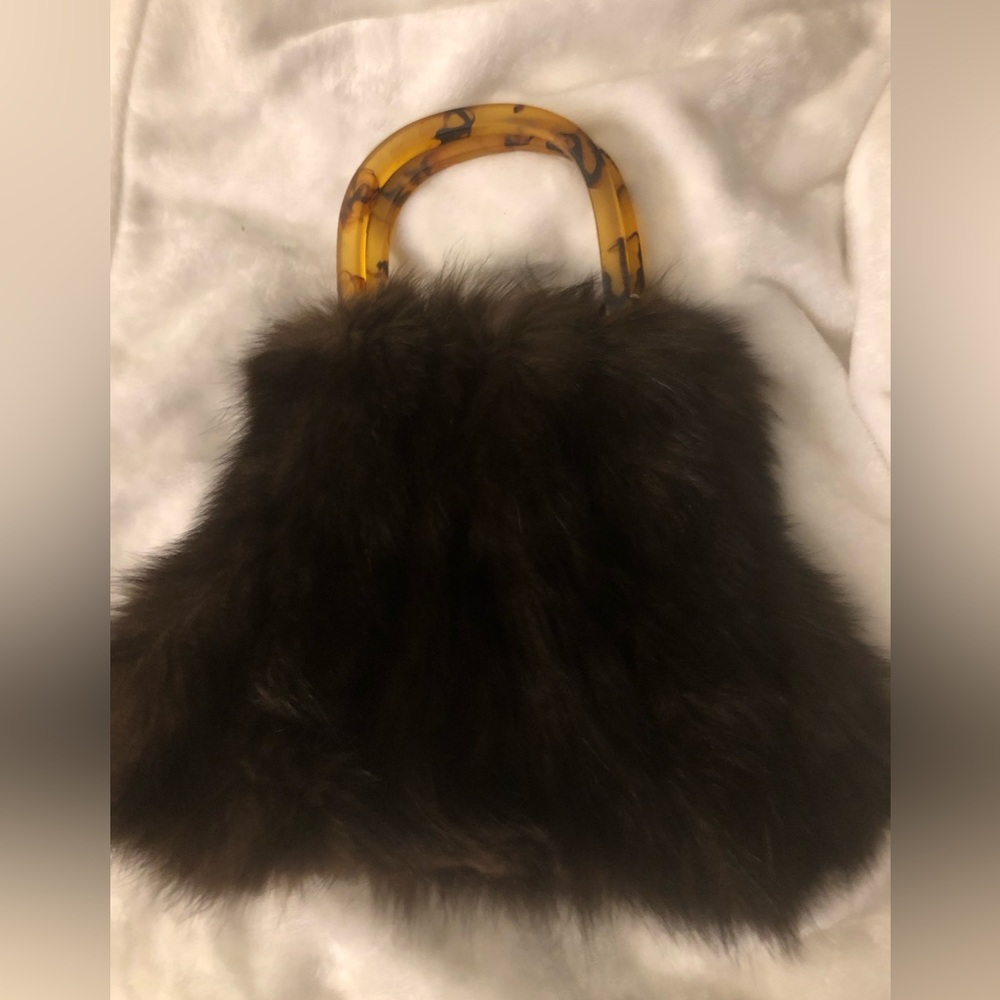 Vintage Faux Fur Tote Bag with Tortoiseshell Handle - Brown